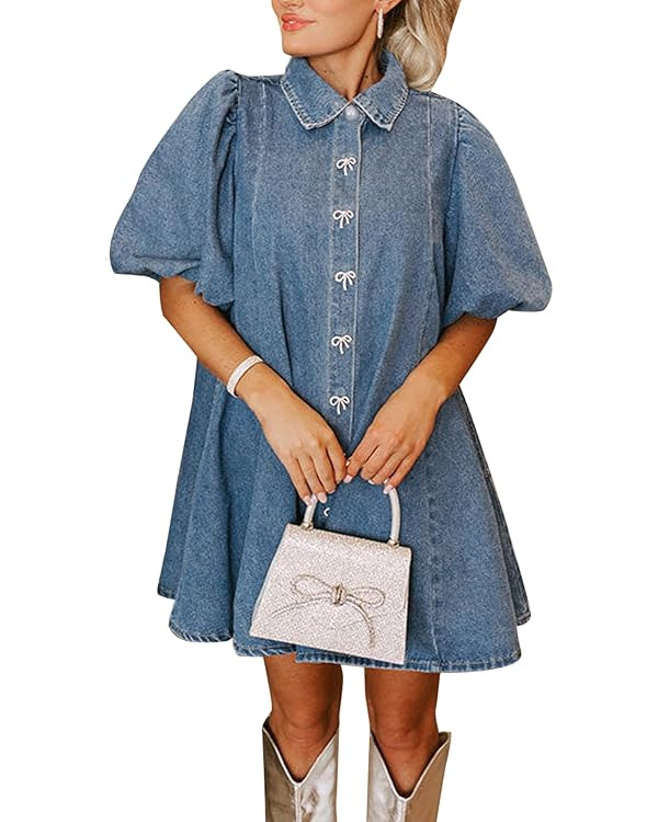 LifeShe Women's Blue Denim Babydoll Mini Dress with Puff Sleeves, Lapel Collar & Diamond Bow Deco... | Amazon (US)