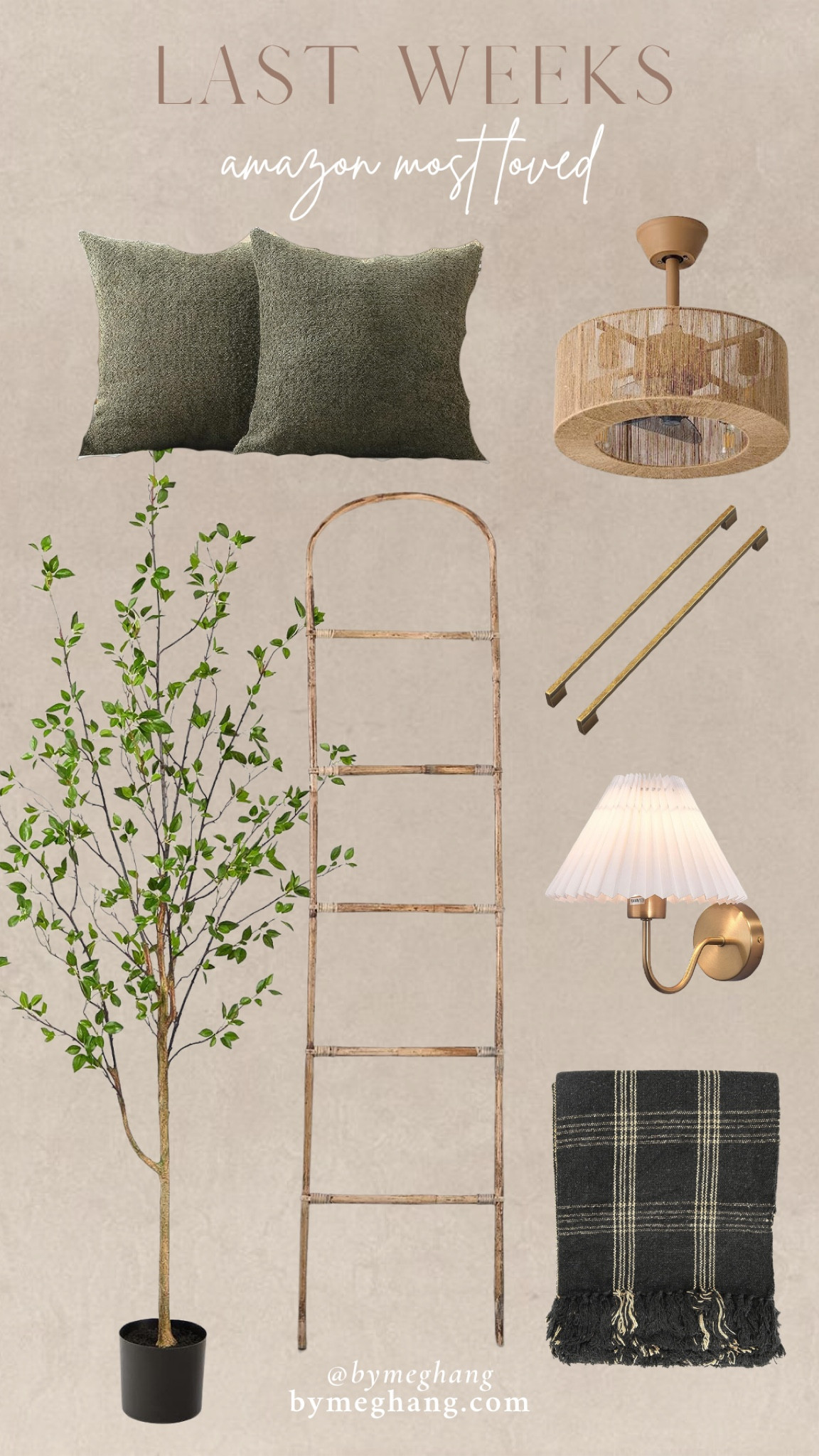 Last weeks amazon best sellers! Pretty green throw pillows, my Fandelier on sale for under $150, the viral faux citrus tree, blanket ladder on sale, my high end look for less brass hardware pulls, wall sconce under $60, plaid throw blanket 

#LTKFind #LTKhome