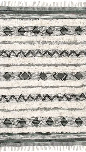 Black & White Shaggy Diamonded Stripes 7' 6" x 9' 6" Area Rug | Rugs USA