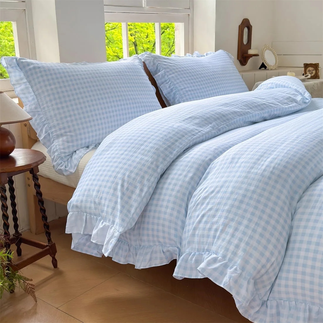 Light Blue Gingham Ruffle Duvet Cover Twin Size, 2 Pieces Soft Pre-Washed Microfiber Checked Plai... | Walmart (US)