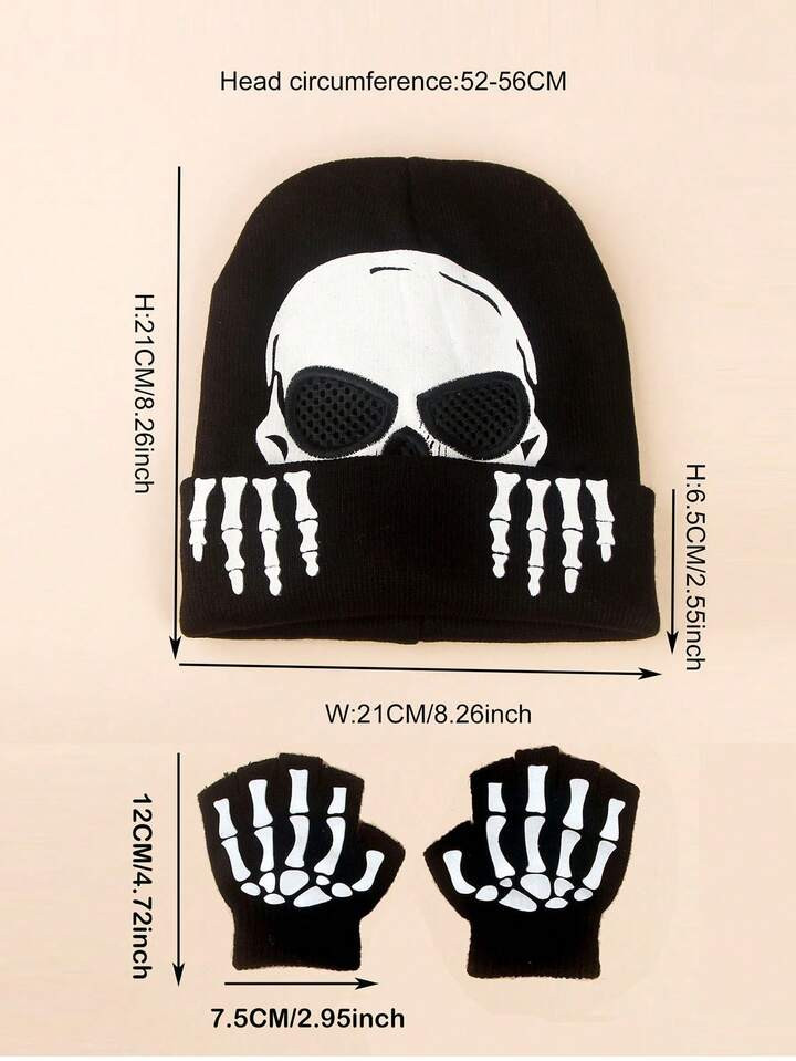 2pcs/Set Skull Design Children Knitted Hat And Gloves Set, Autumn/Winter, Halloween Theme | SHEIN