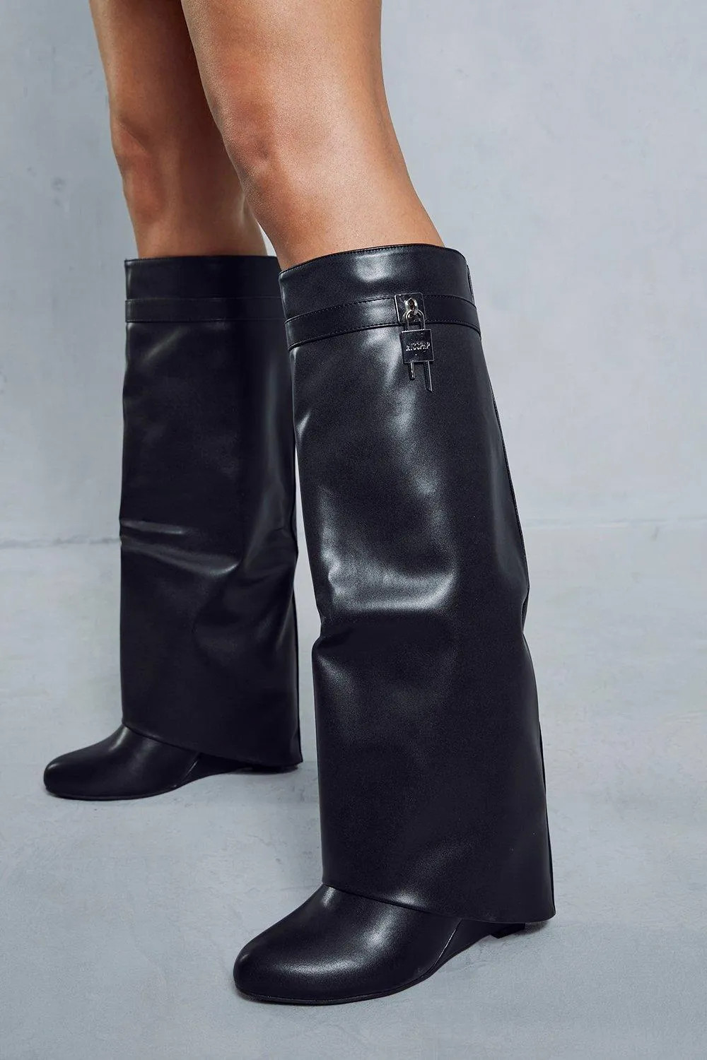 Boots | Leather Look Fold Over Padlock Boots | MissPap | Miss Pap UK