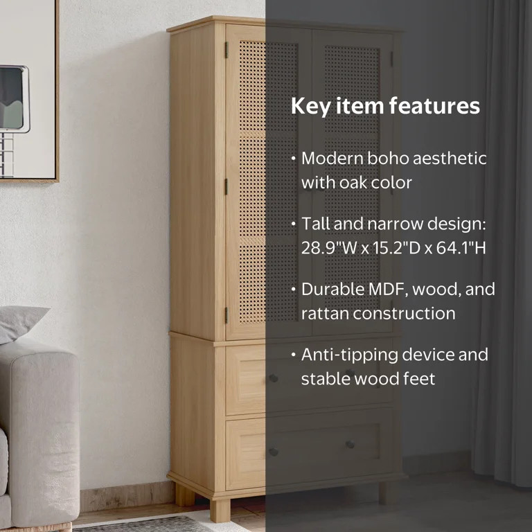 Homfa Rattan Cabinet with Doors, Tall Storage Cabinet with 2 Drawers, Narrow Accent Versatile Cab... | Walmart (US)