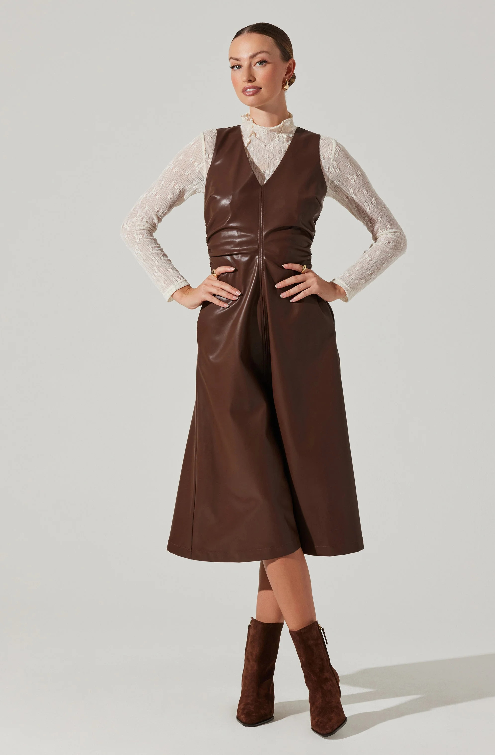 Omaira Faux Leather Midi Dress - Brown / M | ASTR The Label (US)