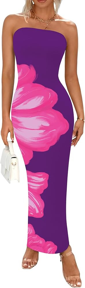 PRETTYGARDEN Women Summer Strapless Maxi Dress Bodycon Floral Sexy Long Wedding Guest Dress Forma... | Amazon (US)