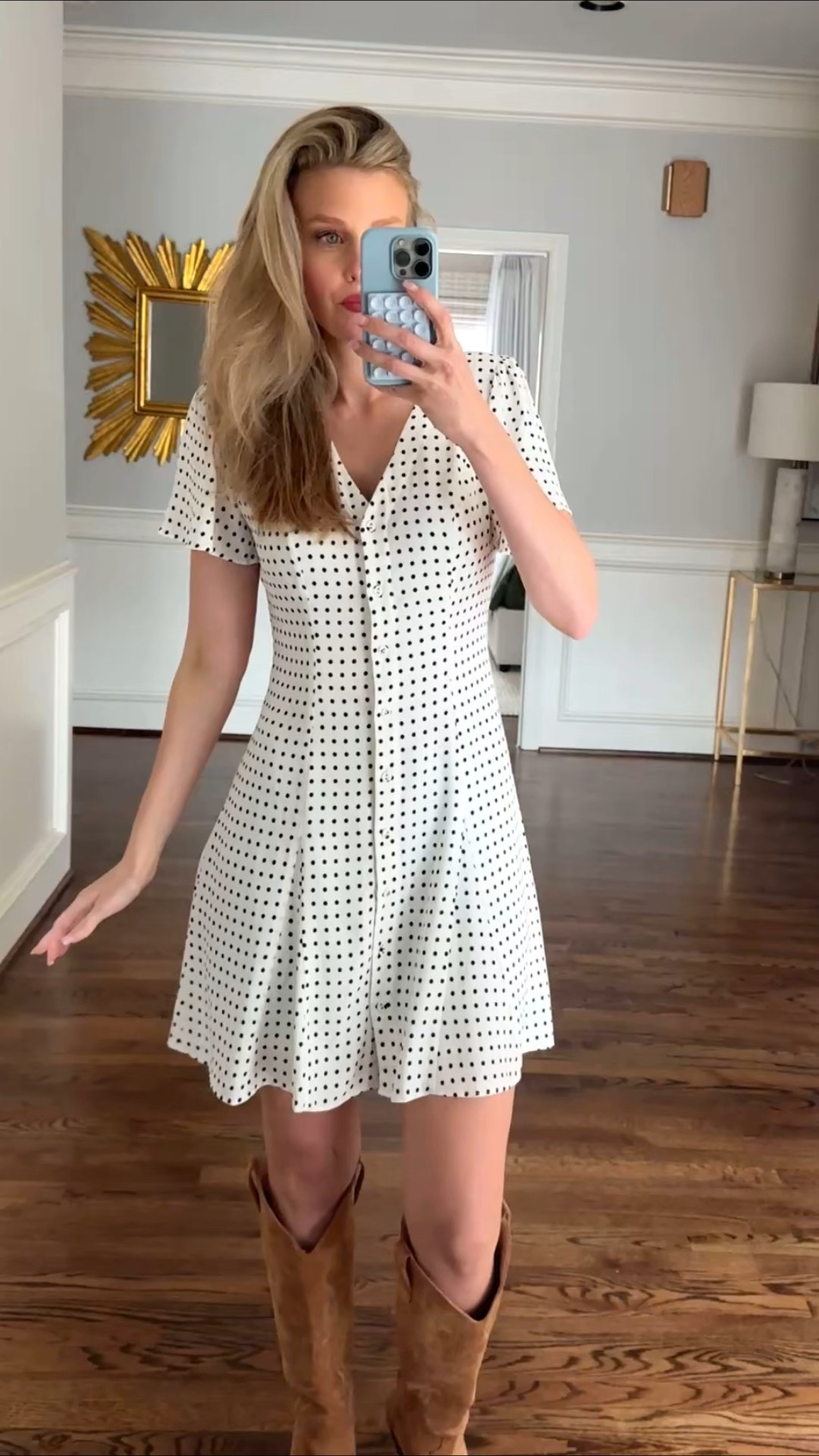 Cutest little polkadot dress perfect for early fall with my Amazon cowboy boots. Plus my dress is currently on sale. I’m 5’7 wearing a size 2 