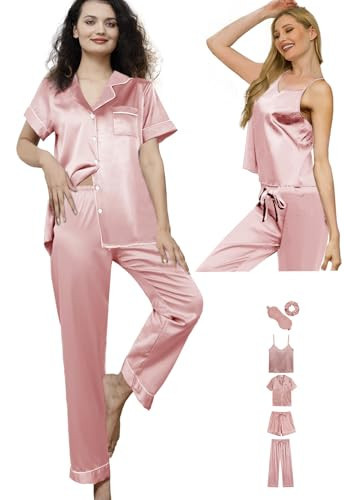 WJing Yi Jia 6Pcs Womens Silk Satin Pajama Sets Pj Sets Short Pjs Set Pajamas Sleepwear Camisole Sexy Cami Pale Rose | Amazon (US)
