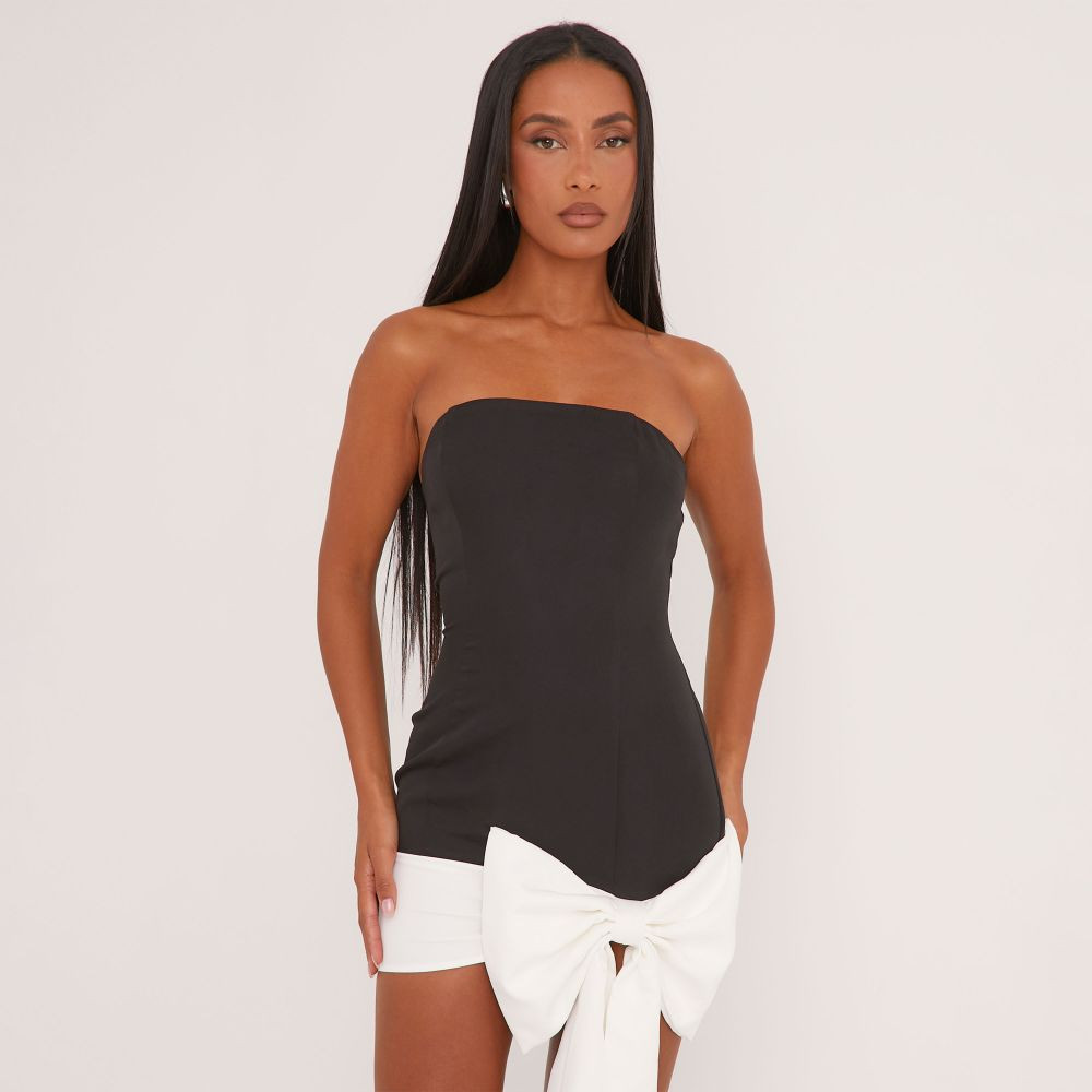 Bandeau Contrast Bow Detail Mini Bodycon Dress In Black | EGO (UK)