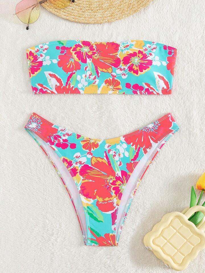 SHEIN Swim Mod Summer Beach Floral Print Bandeau Bikini Set | SHEIN