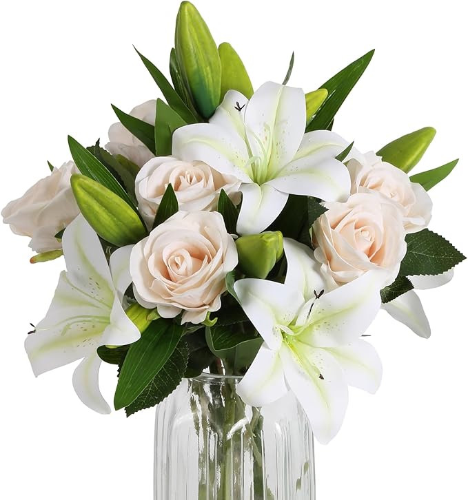 Artificial Flowers 10pcs Champagne Velvet Roses and White Tiger Lily Fake Fowers Bouquet Faux Flo... | Amazon (US)