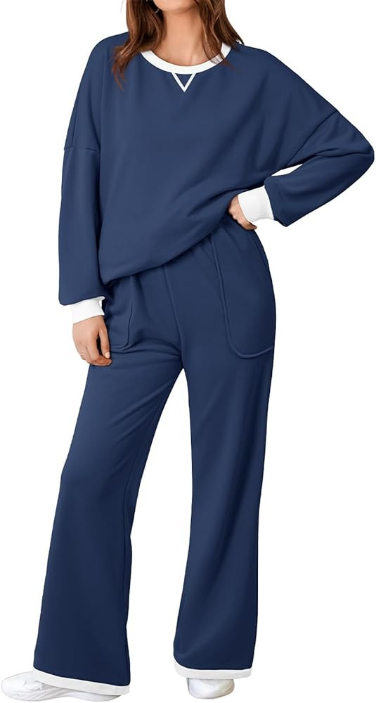 Aleumdr Lounge Set for Women 2024 Fall Outfits 2 Piece Side Split Top with Wide Leg Pants Matchin... | Amazon (US)