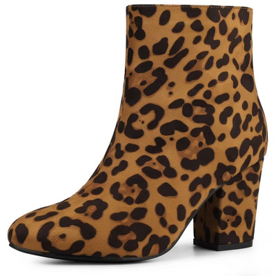 Allegra K Women's Round Toe Side Zipper Block Heel Ankle Boots Leopard 8 | Target