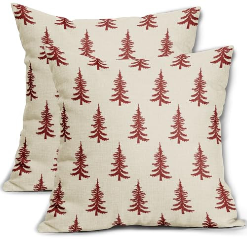 Aytipun Christmas Tree Pillow Covers 18x18 Set of 2 Red Xmas Rustic Style Winter Print Decorative Outdoor Pillowcases Farmhouse Vintage Holiday Decorations Throw Cushion Case Decor for Couch Sofa Bed | Amazon (US)
