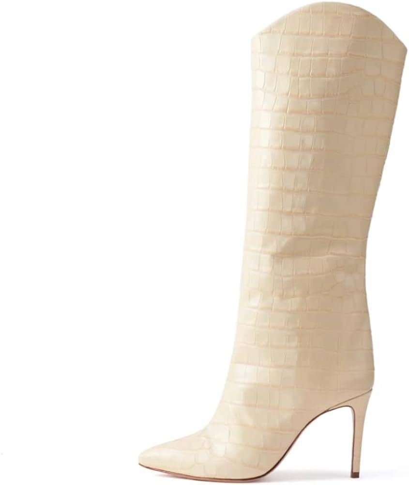 keleimusi Womens Croc Embossed Leather Knee High Boots Wide Calf Pointed Toe Sleek Stiletto Heeled W | Amazon (US)