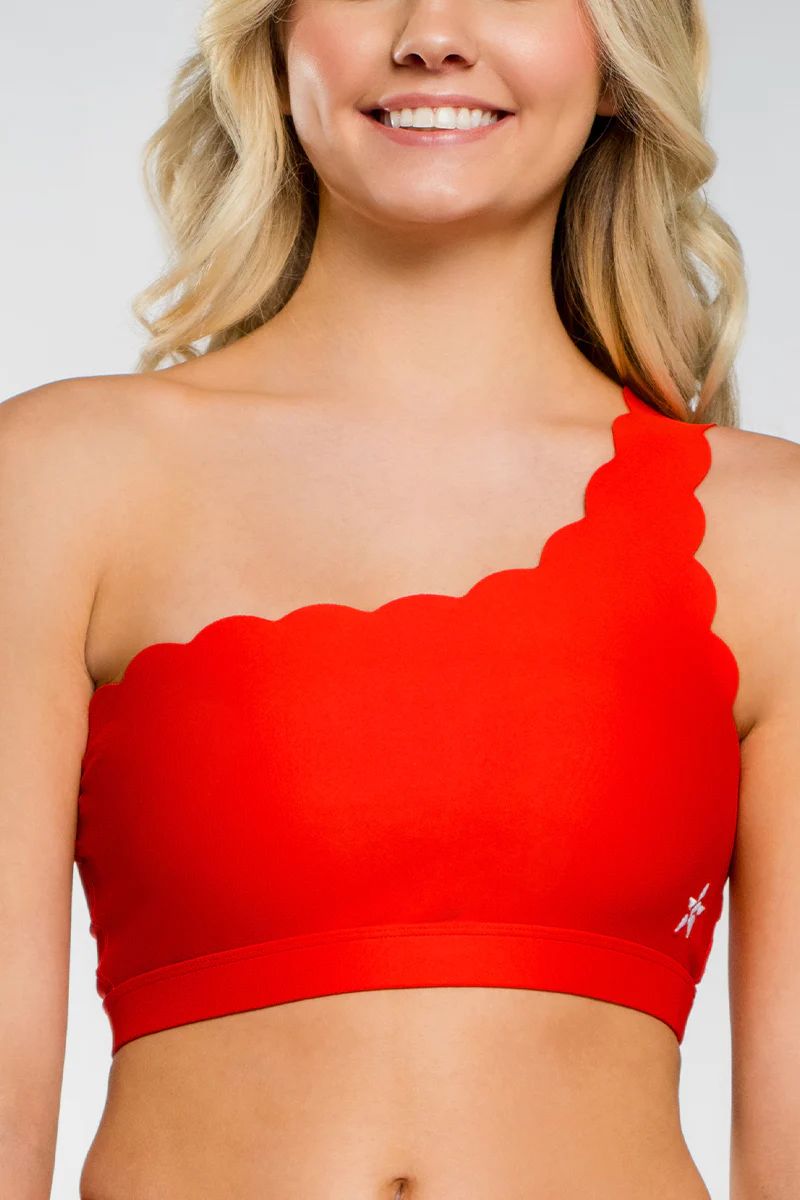 One Shoulder Scalloped Sports Bra in Red | Rebel Athletic
