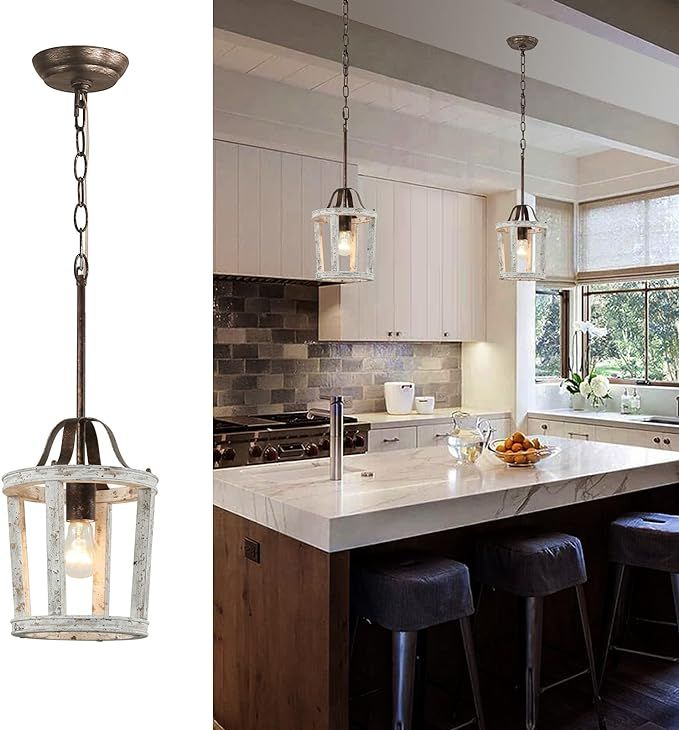 Wood & Metal Chandelier ,Hanging Lanterns 1-Light Distressed White Pendant Light, Rustic Farmhous... | Amazon (US)