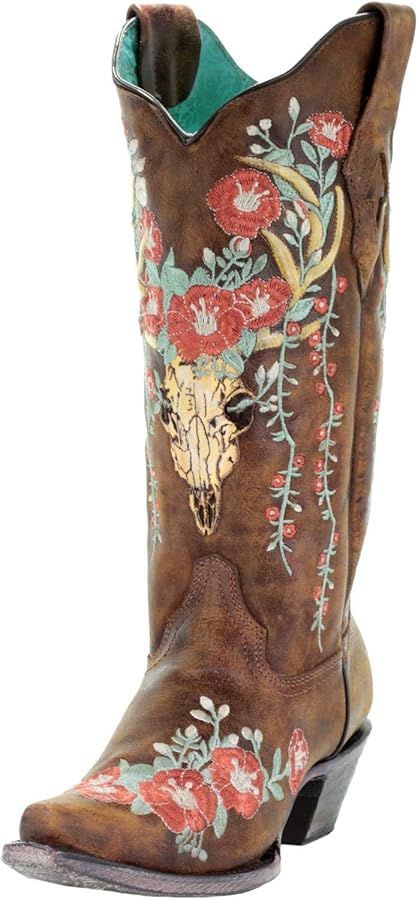 Corral A3652 Tan Deer Skull Overlay and Floral Embroidered Boots | Amazon (US)