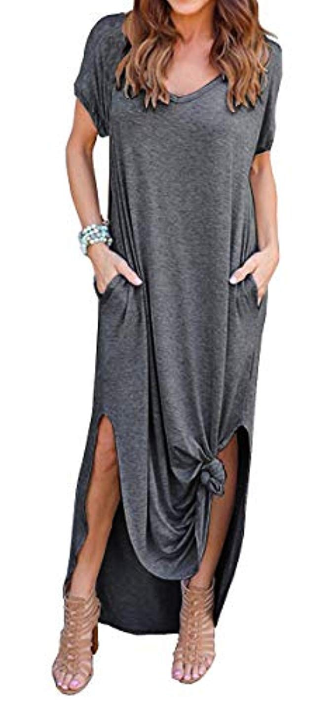 GRECERELLE Women's Casual Loose Pocket Long Dress Short Sleeve Split Maxi Dresses | Amazon (US)
