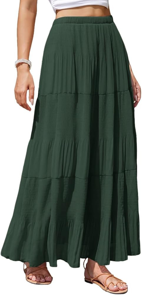Women's Chiffon Maxi Skirt Pleated Elastic High Waisted Tiered A-Line Boho Spring Flowy Long Skir... | Amazon (US)