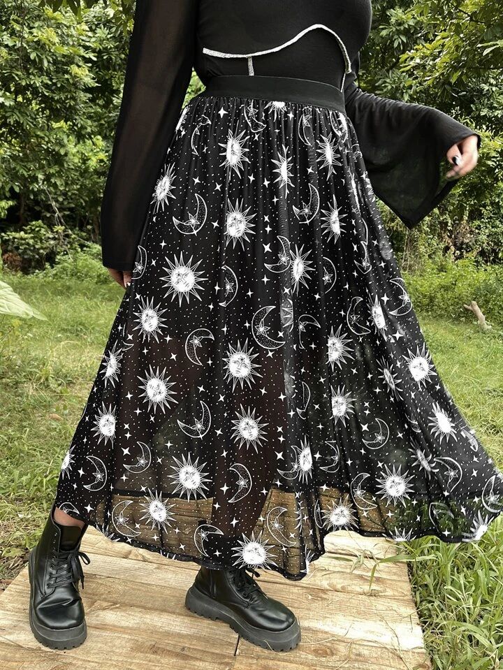 ROMWE PUNK Plus Grunge Sun & Moon Print Mesh Skirt | SHEIN
