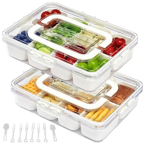 VINGVO Snackle Box, 2Pack Divided Serving Tray with Lid and Handle, 8 Compartment Portable Travel Snack Container for Adults & Kids | Amazon (US)