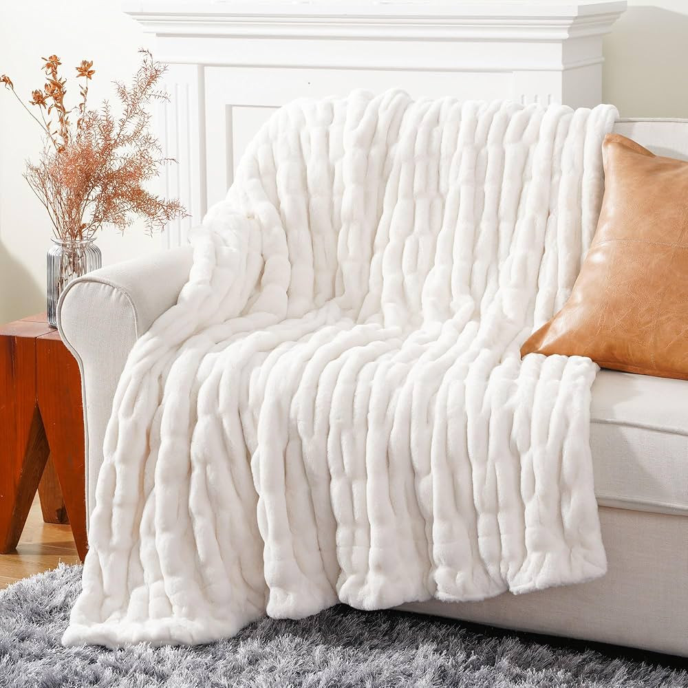 BATTILO HOME Cream Faux Fur Throw Blanket for Bed, Large Fur Blanket Double Side Ruched Rabbit Fu... | Amazon (US)