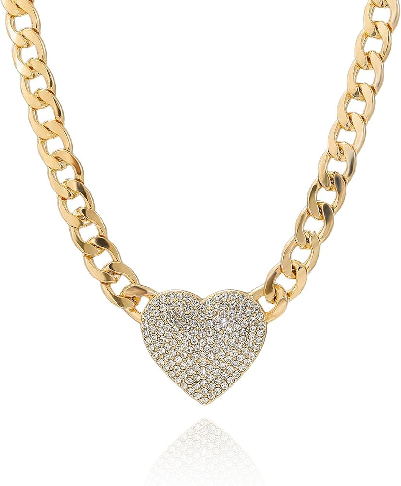 Crystal Chunky Heart Necklace Gold Silver Black Cuban Chain Choker Sparkling Rhinestone Love Hear... | Amazon (US)