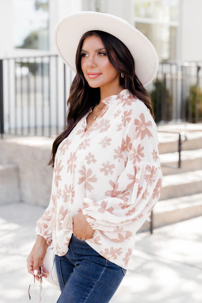 No Promises Beige Balloon Sleeve Floral Blouse | Pink Lily