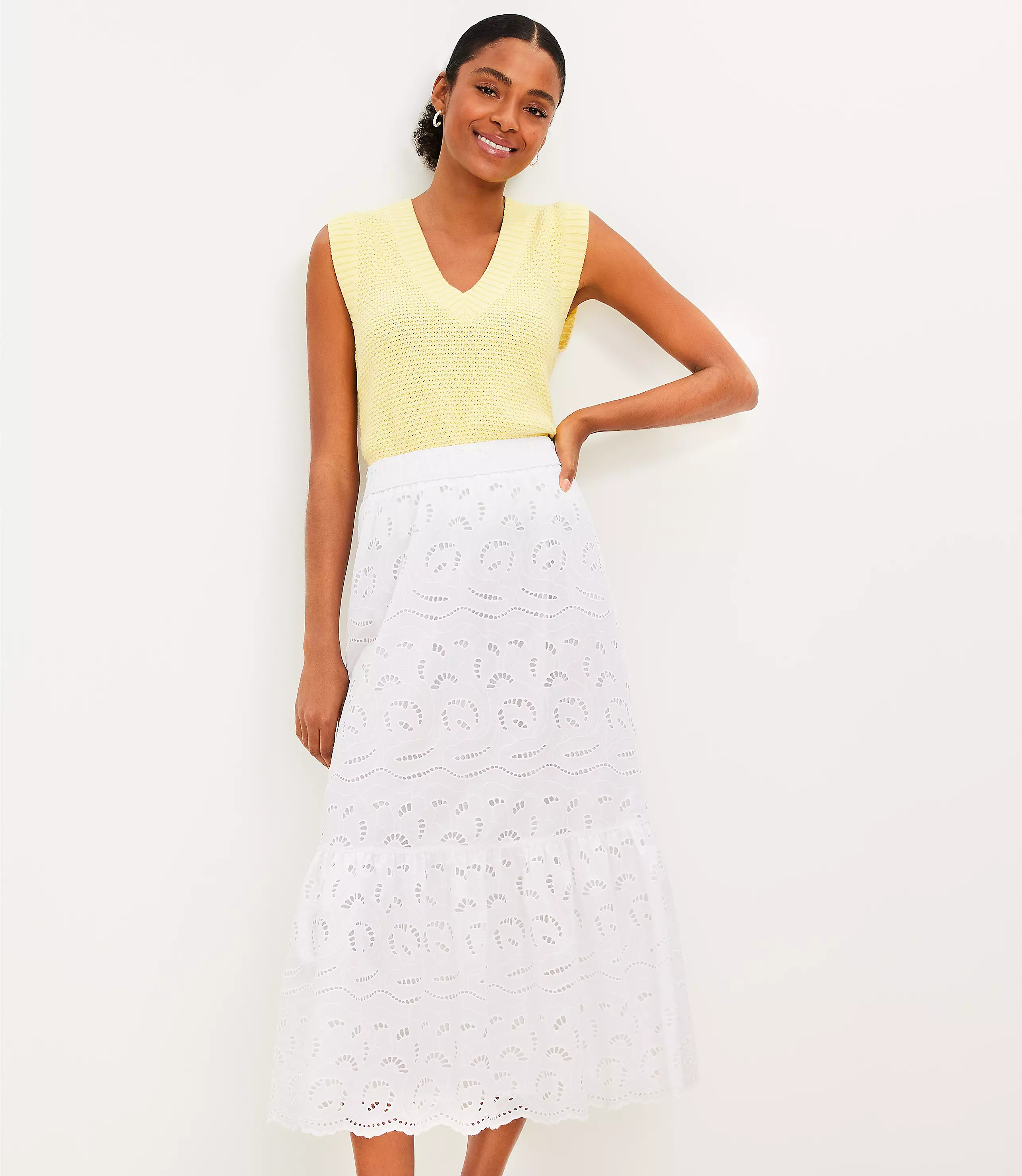 Tiered Eyelet Midi Skirt | LOFT