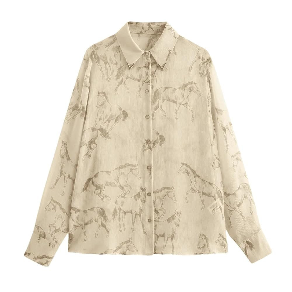 Women Print Blouse Long Sleeve Casual Semi Transparent Shirts | Amazon (US)
