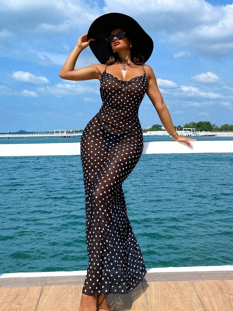 Swim Vcay Summer Clothes Sexy Casual Vacation Polka Dot Print Spaghetti Strap Sheer Maxi Beach Cover Up Dress, For Ladies Summer | SHEIN
