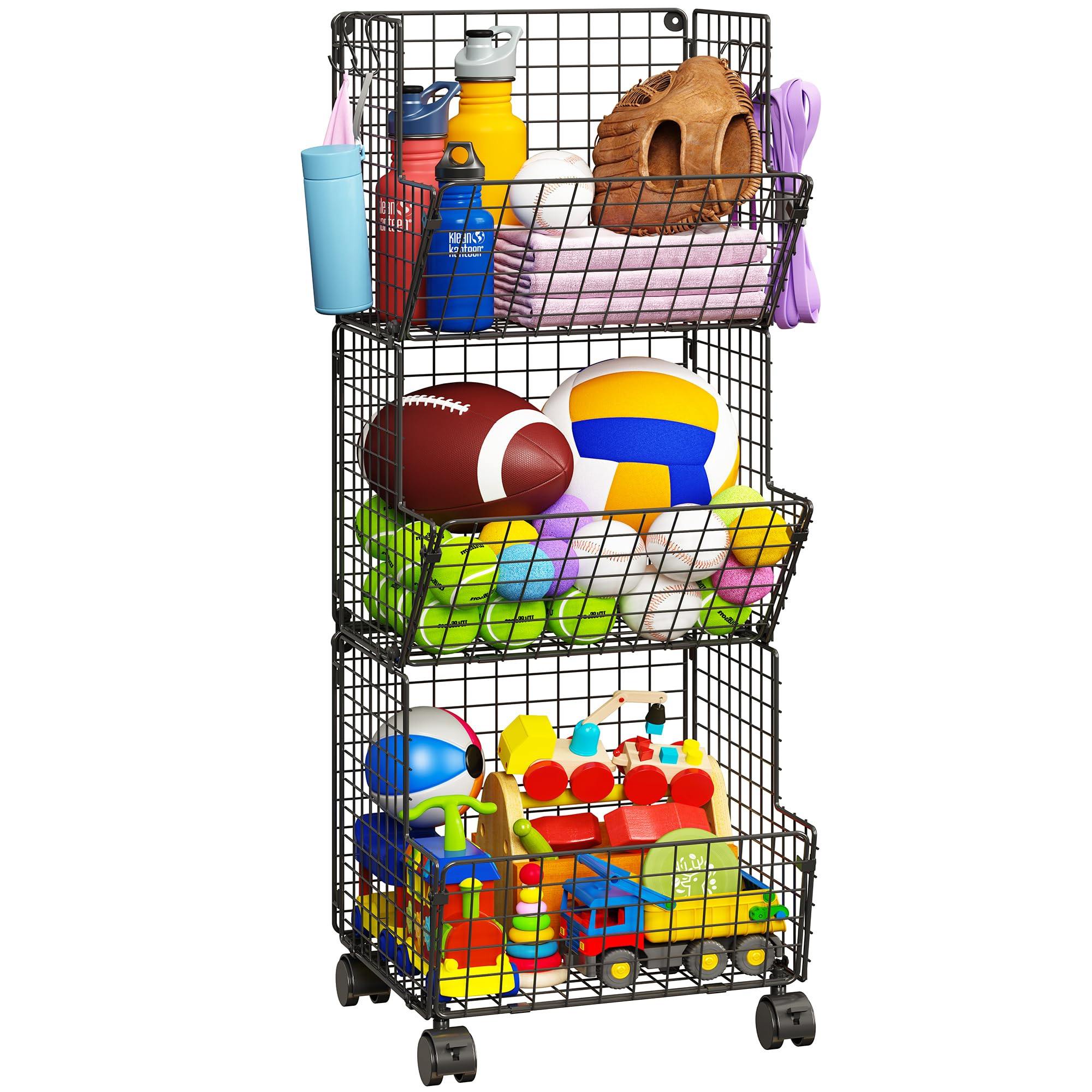 Outdoor Toy Storage, Play Kitchen Organizer with 5 S-Hooks, Rolling Garage Basket, Pantry Floor S... | Amazon (US)