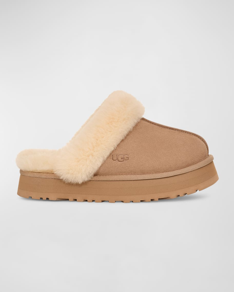 UGG Disquette Suede & Shearling Platform Slippers | Neiman Marcus
