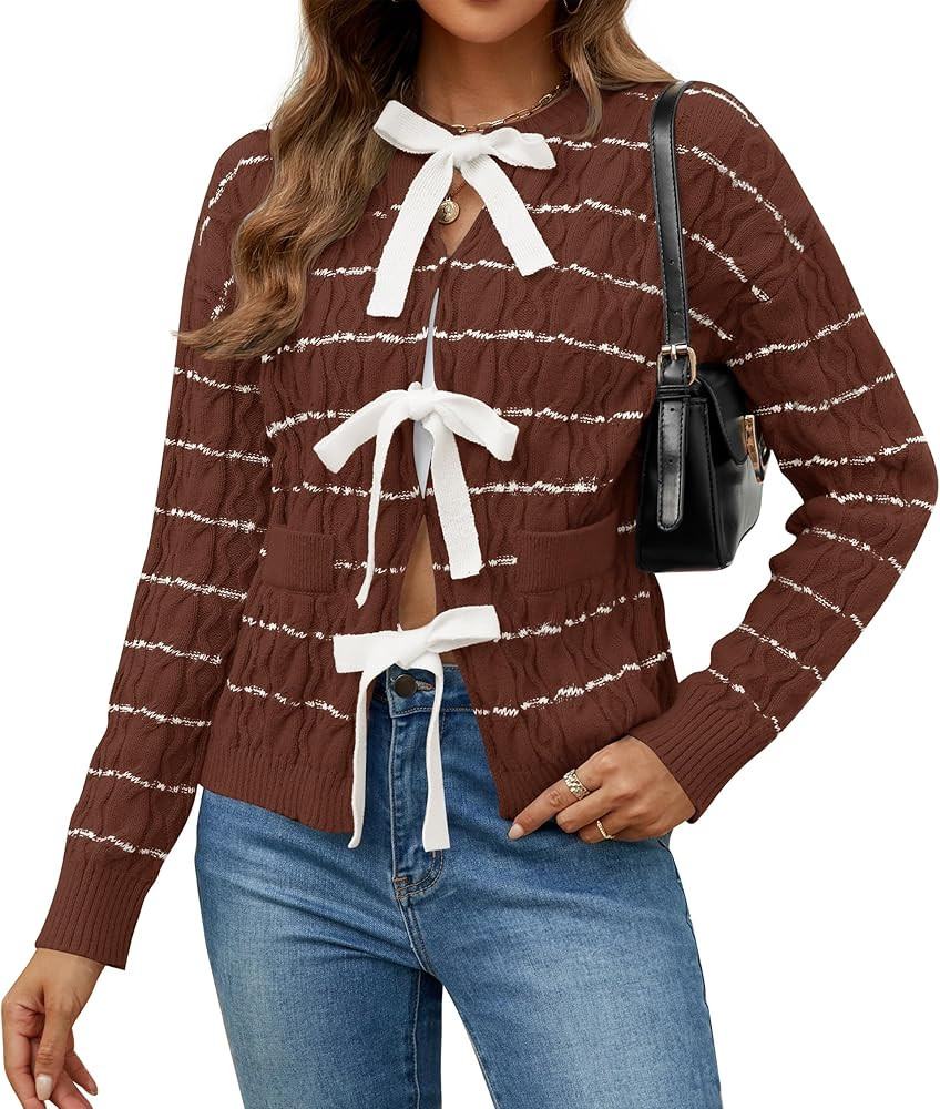 ZESICA Women's Long Sleeve Open Front Cardigan Sweater 2024 Fall Winter Striped Tie Front Loose C... | Amazon (US)