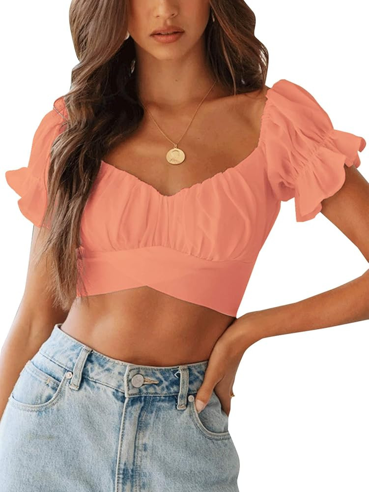 LYANER Women's Ruffle Short Sleeve Tie Up Back Crop Top Off Shoulder Bardot Blouse | Amazon (US)