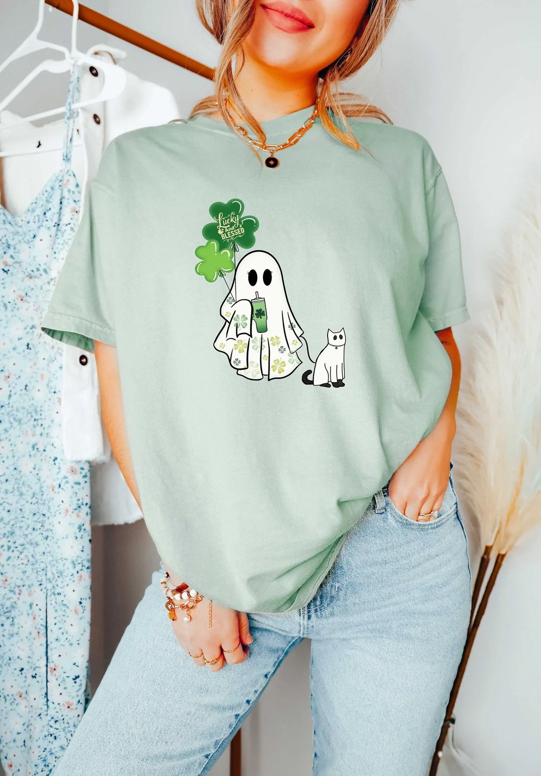 Ghost St Patricks Day Shirt, Ghost Cat Shirt, Lucky Ghost Sweater, Cat Lover Shirt, Shamrock Shir... | Etsy (US)
