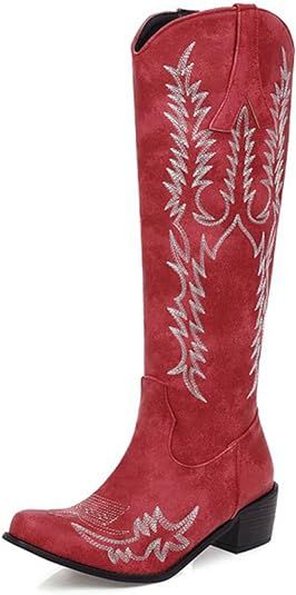 Yolkomo Western Cowboy Boots for Women Wide Calf Low Heel Distressed Cowgirl Boots | Amazon (US)