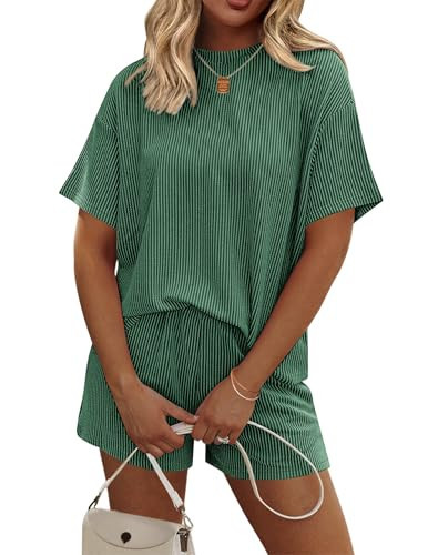 Ekouaer Womens Pajama Sets Short Sleeve Lounge Sets 2 Piece Tops and Shorts Cruise Outfits Matching Loungewear with Pockets Forestgreen | Amazon (US)
