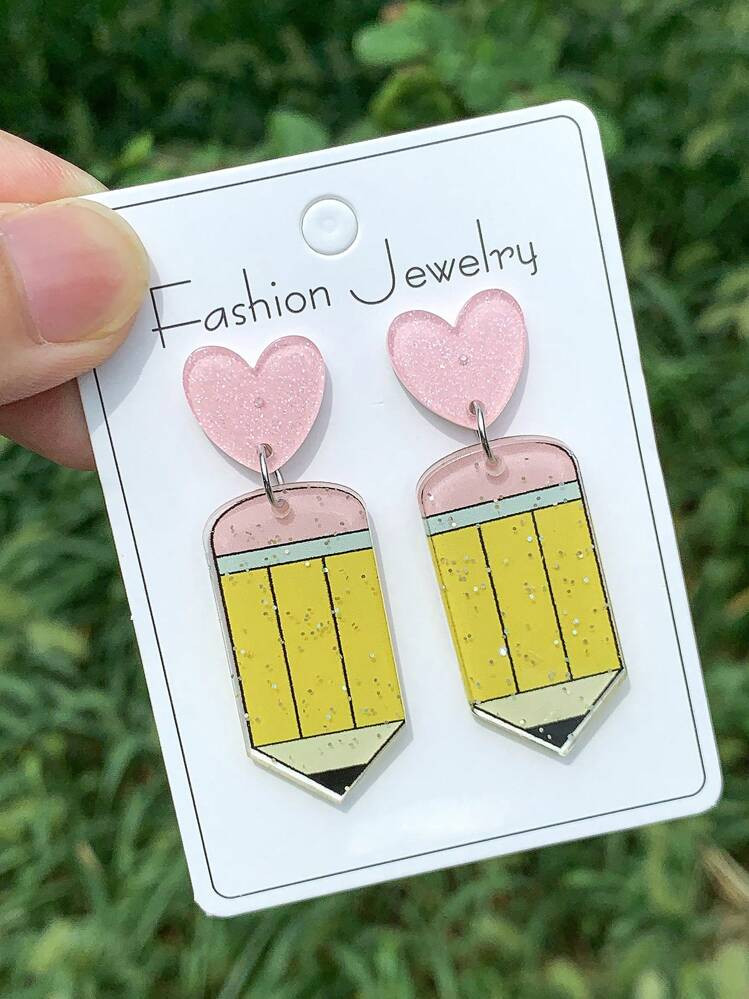 Acrylic Earrings, "FRIYAY" Cartoon Apple Pencil Book Design, Color Blocking Letters, Studs, Sweet... | SHEIN