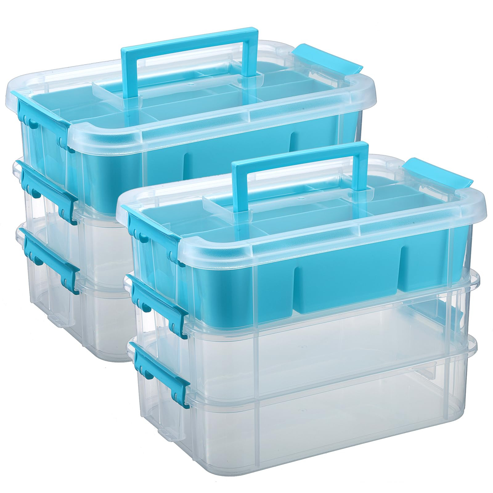 JUXYES 2 Pack 3-Tiers Stack Carry Storage Box With Divided Tray, Transparent Stackable Storage Bi... | Amazon (US)