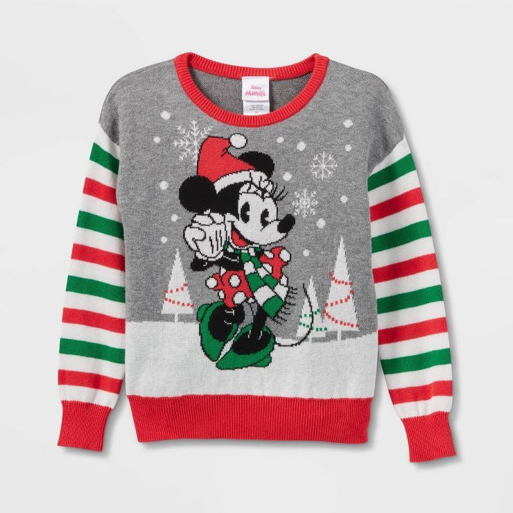 Toddler Girls' Minnie Mouse Striped Pullover Sweater - Gray | Target