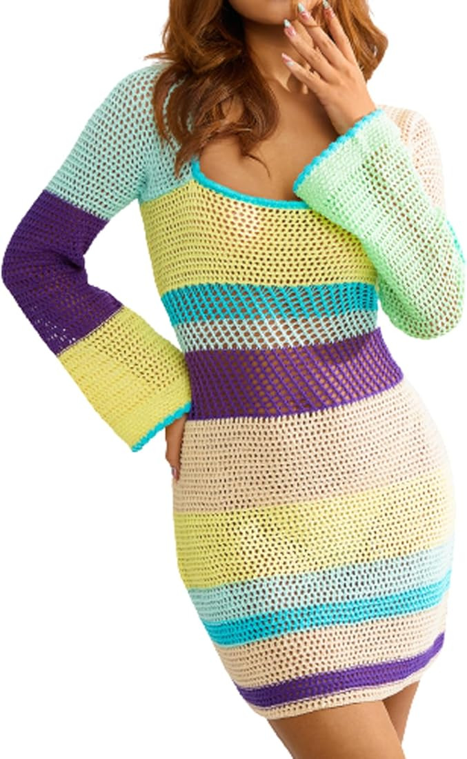 WephuPSho Women's Y2k Knit Summer Outfits Knitted Crochet Dress Hollow Out Beach Cover Ups Sexy S... | Amazon (US)