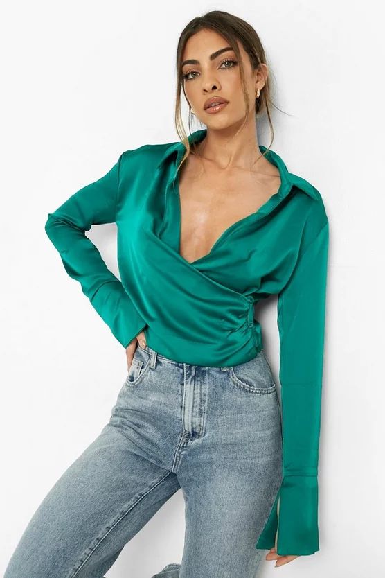 Wrap Ruched Detail Cropped Shirt | Boohoo.com (UK & IE)