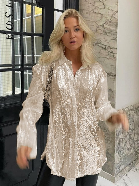 Kiapeise Women's Sequin Button Down Shirt Blouses Long Sleeeve Sparkle Glitter Top Jacket Party C... | Walmart (US)