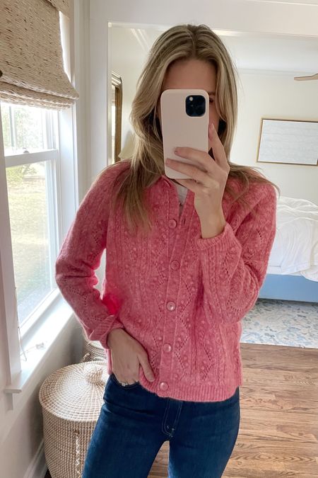 The prettiest pink sweater that’s perfect for Valentine’s Day! Wearing size small

I also linked my favorite dark wash high rise denim. So comfortable and flattering!