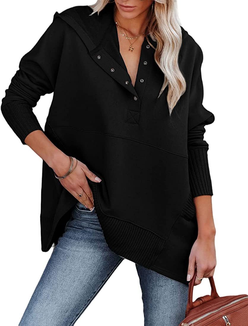 Zwurew Women Casual Henley Hoodie Pullover V Neck Oversize Sweatshirt with Pocket Black at Amazon... | Amazon (US)