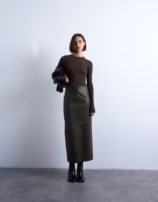 Topshop faux leather clean panel midi skirt in dark khaki | ASOS (Global)
