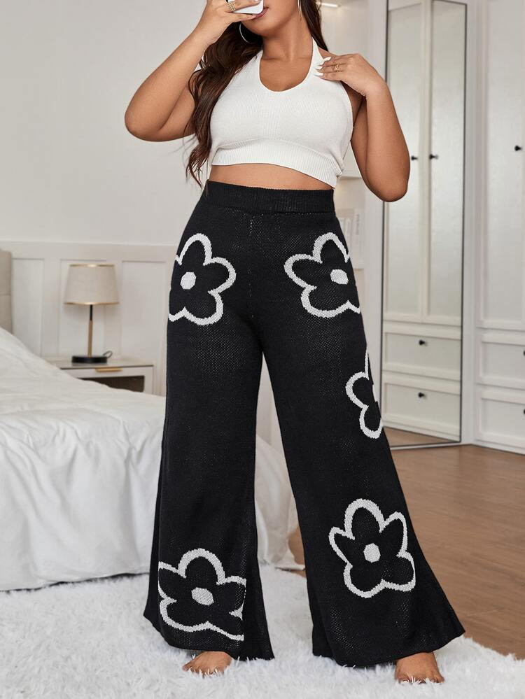 SHEIN EZwear Plus Floral Pattern Wide Leg Knit Pants | SHEIN