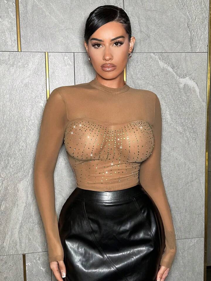 SHEIN SXY SHEIN SXY Rhinestone Detail Mesh Bustier Crop Top Party outfit 
Sexy outfit | SHEIN