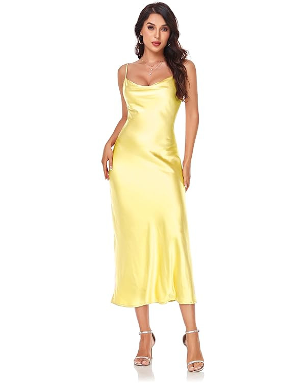 Women's Spaghetti Strap Midi Satin Silk Dresses Slip Cowl Neck Party Cocktail Evening Sexy Dress | Amazon (US)